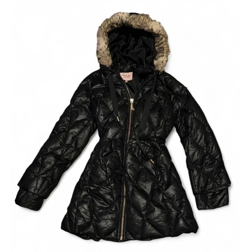 Juicy Couture Black Faux Fur Hood Y2K Puffer Jacket